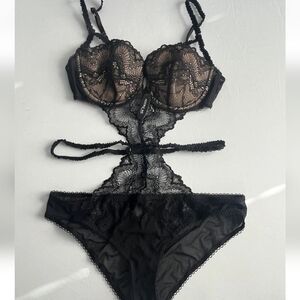 Adore Me Lingerie Women's Size Medium Sexy Black Tan Bodysuit NWT